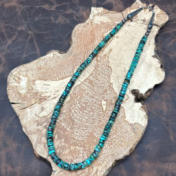 NATIVE AMERICAN Sterling Silver & Hubei Turquoise Beaded Heishi Necklace 23.5" - Picture 1 of 4
